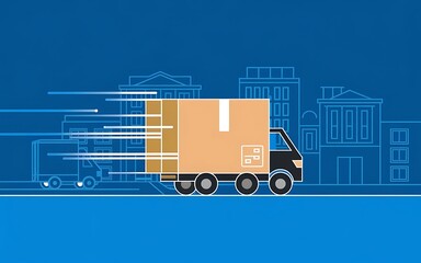 Fast Delivery Truck Illustration: A modern delivery truck speeding through a cityscape with a package in tow, signifying fast and reliable shipping.