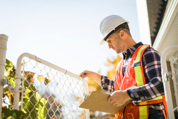Safety fence at swimmimg pool with worker inspection men