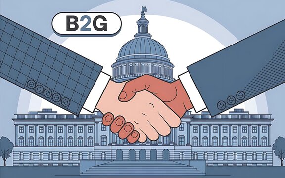B2G Partnership: A handshake in front of the US Capitol building symbolizes the vital connection between business and government. This illustration captures the essence of collaboration, strategy.