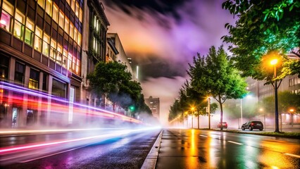 Naklejka premium Neon Lights in Fog: Captivating Long Exposure Photography for Urban Nightscapes