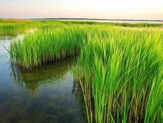 Obraz premium Lush green grasses thrive by a tranquil water body under a soft sky, capturing the beauty of wetlands in nature.