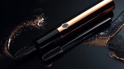 A gold and black mascara tube with a wand lies on a black surface with gold glitter.