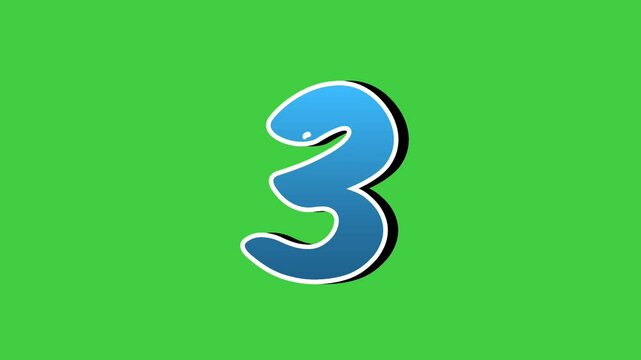 Number 3 three symbol sign animation motion graphics cartoon blue color on green screen background,the number reveal on smoke,for video number for video elements