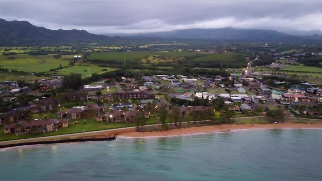 Aerial view of Kapaa Beach Park. Top View of kappa beach in Kauai Hawaii. beautiful beach with coconut palms in tropical island, Kauai Hawaii. Summer vacation tropical beach concept.