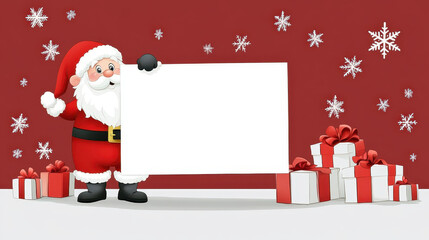 Playful Santa Claus holding blank sign with festive gifts around