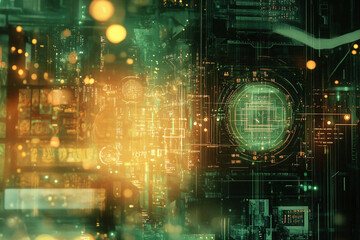 Fototapeta premium A futuristic digital interface in green and yellow tones with glowing circuit patterns and abstract elements evoking high-tech and sci-fi themes 