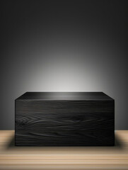 A singular black rectangular podium sits prominently on a rich, wooden floor with dramatic lighting, emphasizing elegance and a touch of mystery.