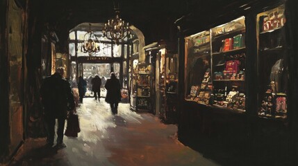 Naklejka premium A painting of a store with people walking in it
