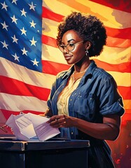 afro american woman throwing an envelope into an election box - usa america flag