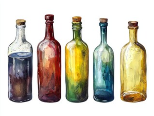 A collection of colorful vintage glass bottles with corks, perfect for decor, art projects, or creative displays.