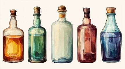 A collection of vintage glass bottles showcasing unique shapes and hues, perfect for decorative or artistic purposes.