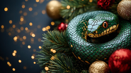 Fototapeta premium 2025 Year of the Snake Chinese horoscope, cute green snake crawling through gifts and New Year decorations 