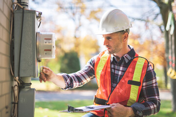 man with hard hat standing in front of a electric panel