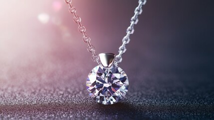 A necklace with a diamond pendant is displayed on a dark surface