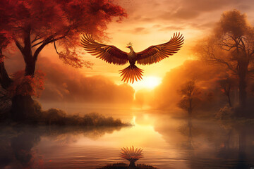A radiant phoenix soaring above a tranquil spiritua, AI generated.