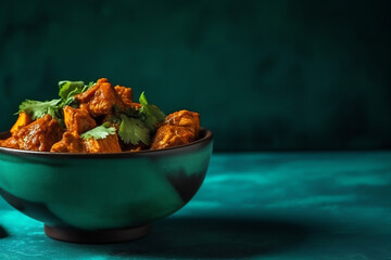 Shrimp paste fried rice close up mockup, On table green, Black background. AI Generated.	