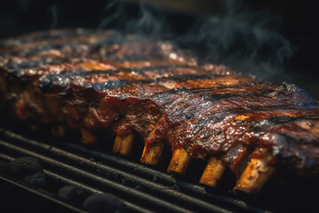 Grilled ribs with barbeque sauce, grey background, copy space, free space for text, AI generated.