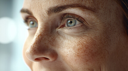 Close up of a Woman With Freckles and Expressive Eyes Looking Thoughtfully in Natural Light