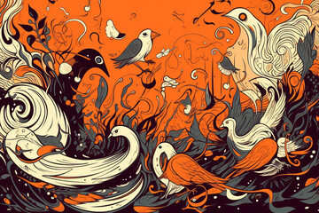 Art abstract orange black and white desktop wallpaper bird on nature, AI generated.