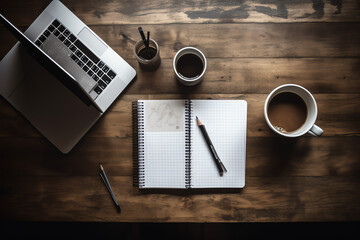 beautiful overhead view of a wooden office desk with wood background, AI generated.