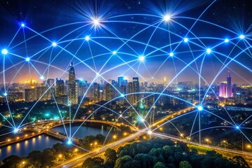 Obraz premium Night Photography of Global Network Connections Showcasing Interconnectedness and Digital Links Across Cities