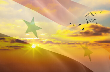 Waving the flag of Syria against the background of a sunset or sunrise. Syria flag for Independence...