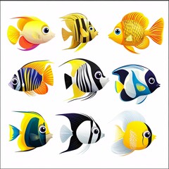 Fototapeta premium Cute cartoon fish swimming, on a white background, flat vector graphic designs, simple lines, cute cartoon fish,