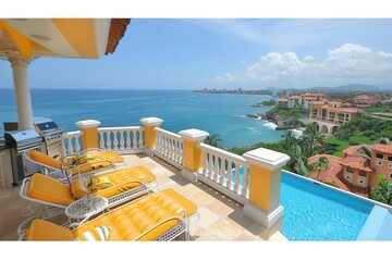 Fototapeta premium A beautiful view of the ocean from a balcony overlooking a pool