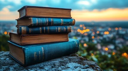 Stack of vintage books on a rocky surface with a cityscape background at sunset.