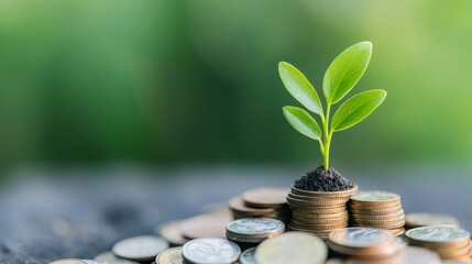A green plant grows from a pile of coins, symbolizing the connection between nature and finance, representing growth and investment in a sustainable future.