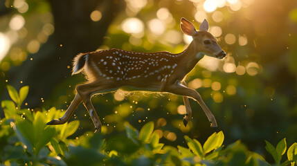 A fawn gracefully leaps through a sunlit forest, surrounded by lush greenery and soft light.