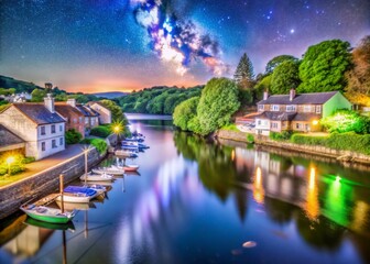 Fototapeta premium Night Photography of the River Dart in Dittisham, Devon - Serene Waterscape and Starry Sky