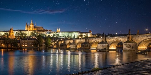 Fototapeta premium Night Photography of Vltava River in Prague with Illuminated Landmarks and Starry Sky