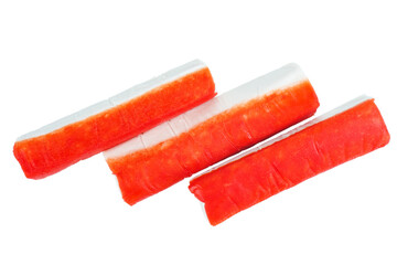 Some crab sticks isolated on a white background.Top view