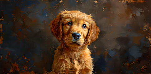 A cute golden puppy with fluffy fur, gazing curiously at the viewer against a textured background.