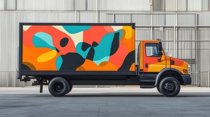 Fototapeta premium A vibrant, art-decorated truck in bold colors displays abstract patterns against an industrial background.