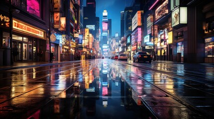 Fototapeta premium A vibrant city street at night, reflecting neon lights on wet pavement.