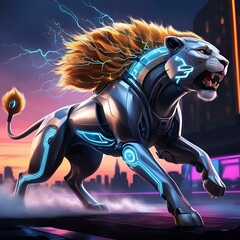 Digital bear transforming and evolving into a roboticcyberpunkinspired cyborg figure surrounded.
