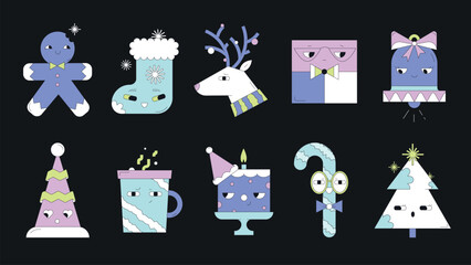Cute Winter Holiday Characters. A set of funny adorable Christmas characters with charming expressions, featuring a gingerbread man, holiday accessories, Christmas decorations, and festive drinks. 