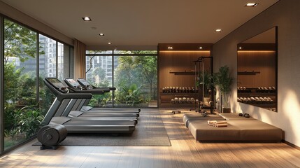 Modern gym interior with treadmills and weights in a serene setting.