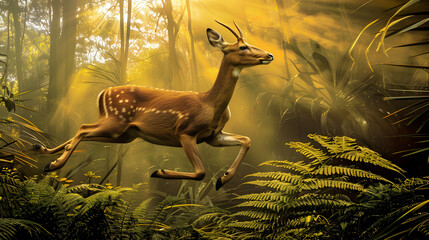 A deer gracefully leaps through a sunlit, lush forest filled with vibrant greenery.