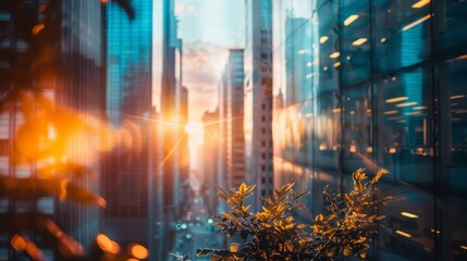 Obraz premium Sunset view of a city skyline with reflections on glass buildings