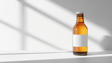 A sleek amber bottle stands in soft light, casting shadows on a minimalist surface, featuring a blank label for customizable branding.