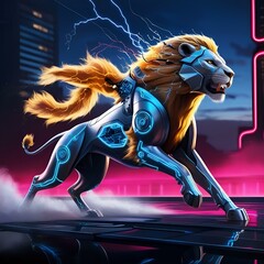 Digital bear transforming and evolving into a roboticcyberpunkinspired cyborg figure surrounded.
