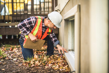 Man inspecting house window outside on day light