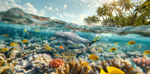 A dolphin swims among colorful corals and fish in a vibrant underwater scene.