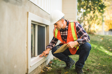 Man inspecting house window outside on day light