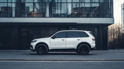 A modern white SUV parked beside a contemporary glass building in an urban setting.