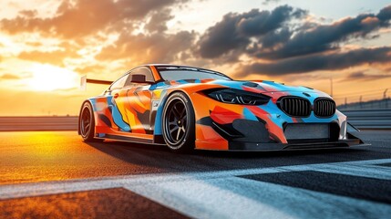 A vibrant, racing car in striking colors parked on a track at sunset, showcasing its sleek design and artistic paint job.