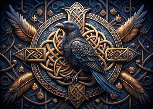 Odin's Raven Tattoo Design with Celtic and Norse Symbols in High Dynamic Range